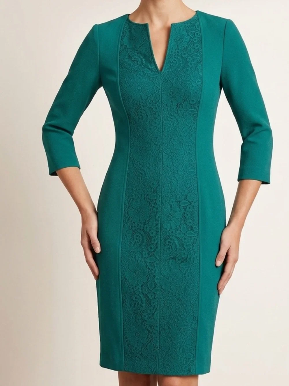Adrianna Papell teal v neck lace floral 3/4 length sleeve sheath midi dress